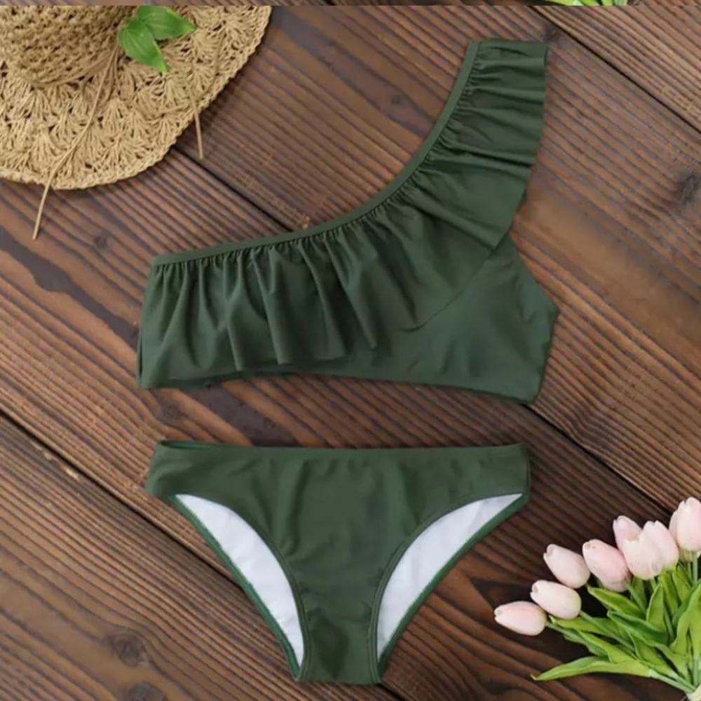 Olive Green Ruffle One Shoulder Bikini Swimsuit - Picture 2 of 3